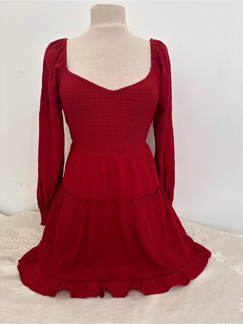 Love Riche Red Smocked Bodice Long Sleeve Mini Dress